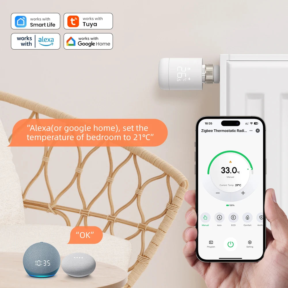 AVATTO Zigbee Heizkörper-Thermostatventil – Smart TRV mit Temperatursteuerung, kompatibel mit Alexa & Google Home
